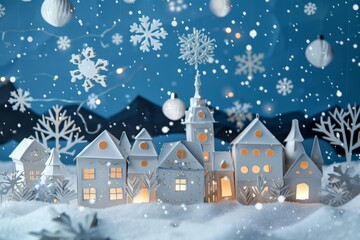 A beautiful snowy village scene with paper cut out houses and snowflakes. The perfect backdrop for a cozy winter tale.