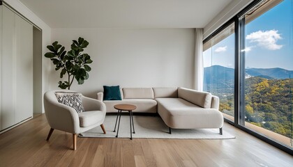 Fototapeta premium Modern living room interior, minimalistic, simple colorful walls, cozy furniture