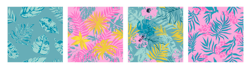Set of four seamless patterns with tropical leaves, flowers and leopard print . Summer colorful textile design,home decor, art project and more. Vector illustration.