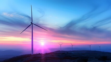 Capture wind turbines against sunset symbolizing renewable energy impact on climate goals. Concept Wind turbines, Sunset, Renewable energy, Climate goals, Impact