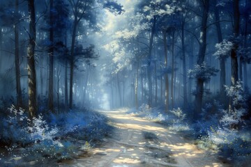 Fototapeta premium A Painting of a Road in the Middle of a Forest