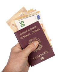 an Italian passport with euro banknotes