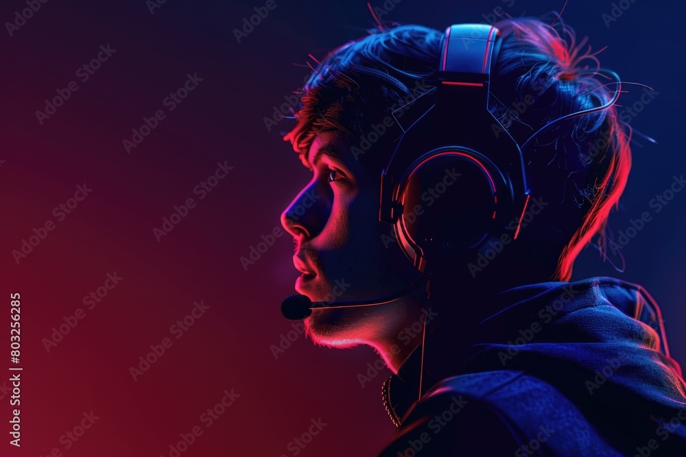 Poster a man wearing a headset and microphone. suitable for technology or customer service concepts