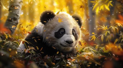 A cute panda bear sitting in the leaves of a tree. Suitable for nature and wildlife themes