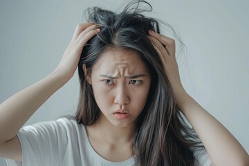 woman suffering from itchy scalp due to dandruff dermatology and hair care concept