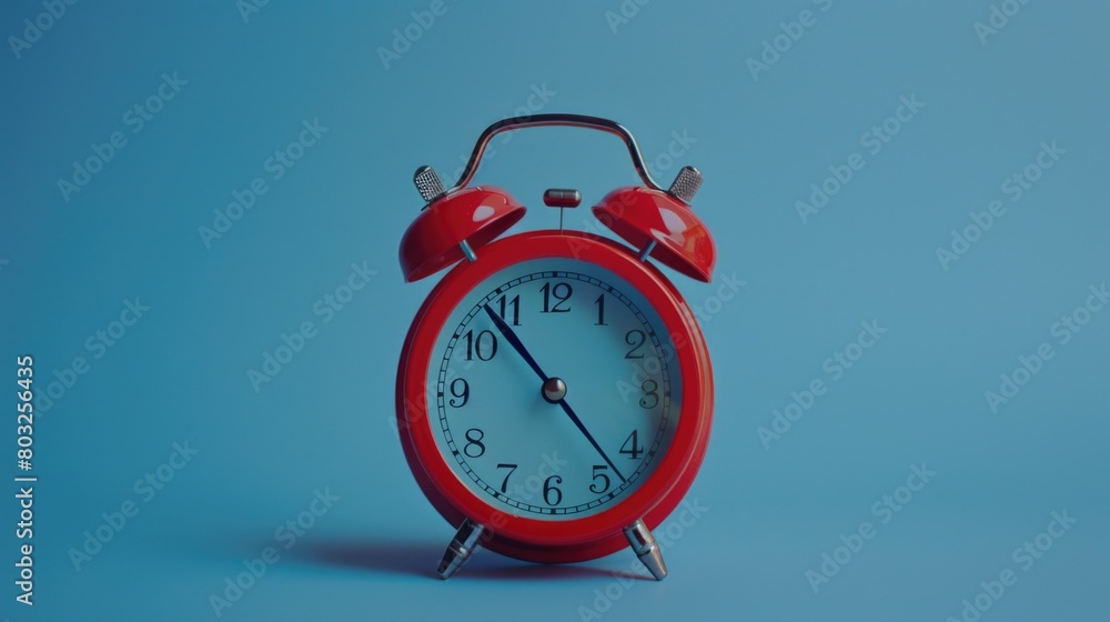 Aufkleber red alarm clock on blue surface, suitable for time management concepts