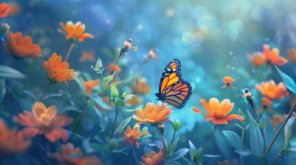 A Monarch butterfly delicately perched on vibrant summer flowers, with a dreamy blue foliage...