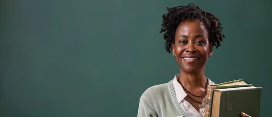 Mature Woman Holding Books with Joyful Expression, Casual Attire on Green Background, Lifelong Learning and Education Theme, Copy Space
