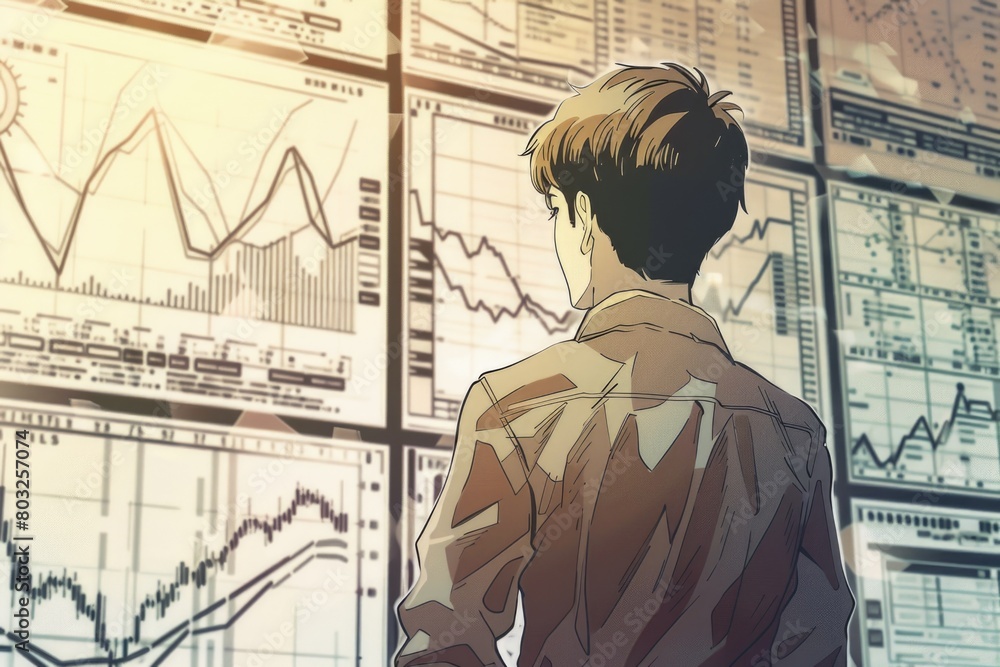 Aufkleber Man standing in front of a wall of graphs. Suitable for business presentations