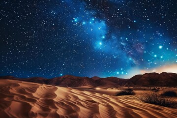 Enhance the quality of this photo of a desert at night. Make the colors more vibrant and the stars more visible.