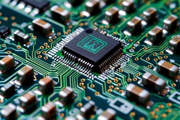 Obraz premium A detailed close-up view of a printed circuit board, showing the intricate network of electrical pathways and components