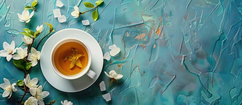 Herbal flower tea served in a teacup with jasmine flowers and crystal sugar on a blue textured background. Herbal remedy with white spring flowers. Space for text.