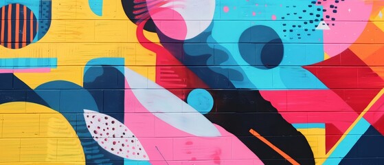 Fototapeta premium A colorful mural of geometric shapes and patterns adorns a brick wall, adding a vibrant splash of creativity to the urban landscape.