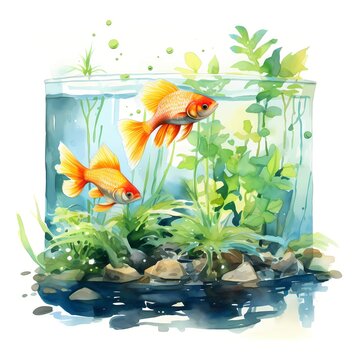 recommend clip art: Aquarium. Aquarium in jar. Tropical fish clipart. Watercolor illustration. Generative AI. Detailed illustration.