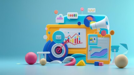 Naklejka premium Colorful 3D illustration of a computer with social media and marketing icons