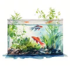 Aquarium. Aquarium in jar. Tropical fish clipart. Watercolor illustration. Generative AI. Detailed illustration.
