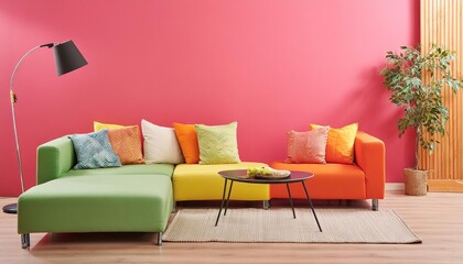 Modern living room interior, minimalistic, simple colorful walls