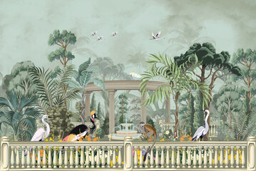 Forest jungle wallpaper illustrations. Garden arch dome, bird  jungle wallpaper illustrations. Dream forest wallpaper design. © Parimol