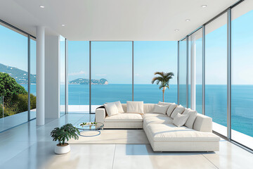 Chic modern living room, completely empty, floortoceiling windows that showcase expansive sea views