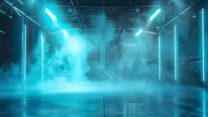 Illuminated by Neon Spotlights, a Smoky Stadium Arena with Concrete Floor. Concept Night Time Photography, Dramatic Lighting, Urban Setting, Neon Aesthetics, Outdoor Sports Arena