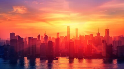 New York City bathed in the warm glow of the setting sun. The sky is ablaze with color, and the city's iconic skyline is silhouetted against the vibrant backdrop.