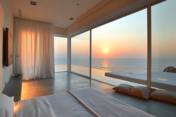 Contemporary guest suite with minimalist design, expansive view of the sea and sunset, serene and stylish