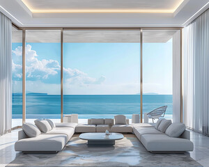 Luxurious living room interior with plush couch set against a backdrop of expansive sea views, contemporary elegance