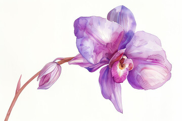 Minimalist purple watercolor botanical illustration of a single orchid, elegant and refined with a soft gradient