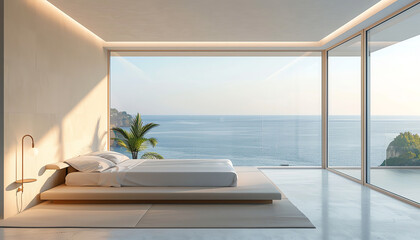 Modern bedroom with minimalist decor and expansive windows offering a sweeping sea view, serene morning light