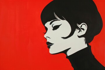 Close-up painting of a woman's face on a vibrant red background. Suitable for beauty or art concepts