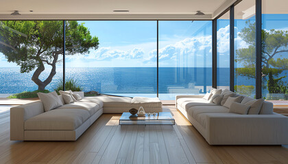 Modern living room design with streamlined furniture and vast windows opening to a serene sea view