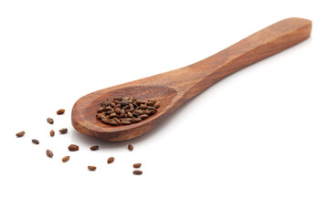 Front view of a wooden spoon filled with Organic Salvia (Salvia officinalis) seeds. Isolated on a white background.