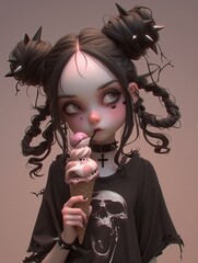 Creepy Kawaii Ice Cream Sundae Sweetheart Girl , Goth creepy , 3D render