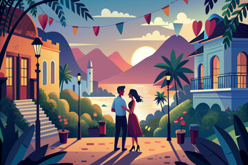 Couple dancing on a street at sunset with mountains and lake in the background