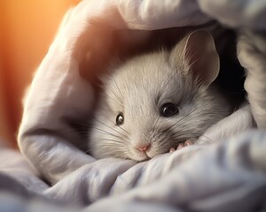 Furry chinchilla curled up in a cozy, soft bedding, its dense fur highlighted by gentle lighting, creating a serene and inviting atmosphere