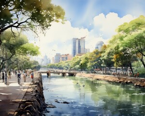 Illustrate a watercolor of a sprawling eco-conscious cityscape