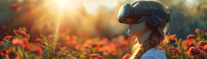 girl wearing virtual reality headset in a field of red flowers - Powered by Adobe