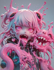 Creepy Kawaii Melted Monster Popsicle Girl , Goth creepy , 3D render