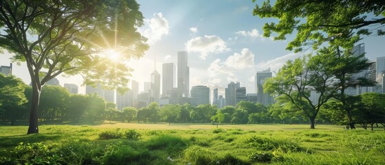 A city park with lush green trees and a clear blue sky
