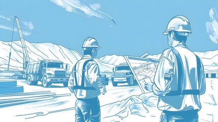 Construction Site Oversight with Officials Examining Gansu Province Map in Blue Line Art Style
