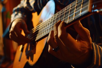 Fototapeta premium A close-up of a person playing an acoustic guitar. The focus is on the hands and the guitar strings. The person is wearing a blue shirt and the guitar is brown.