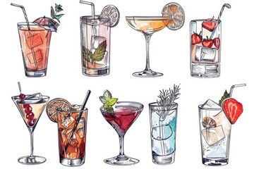 A variety of colorful cocktails on a drawing. Perfect for menu design or cocktail recipes