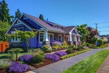 A newly constructed lavender purple craftsman cottage style home, showcasing a triple pitched roof, detailed landscaping, a neat sidewalk, and eye-catching curb appeal.