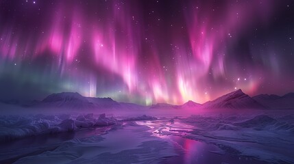 Purple northern lights over a snowy landscape, wide shot, mystical night sky