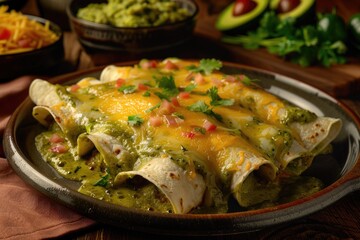 A plate of enchiladas on a table, perfect for food blogs or Mexican cuisine websites