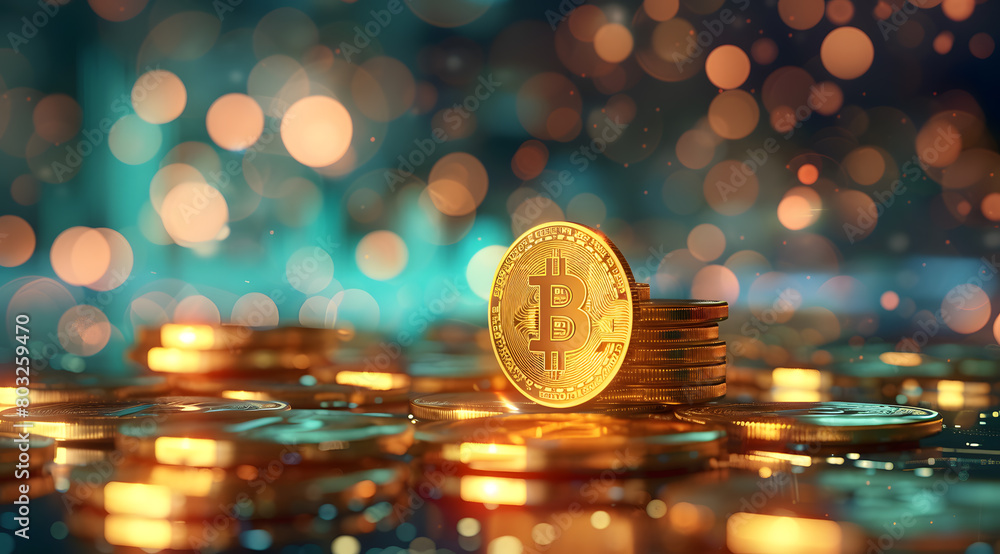 Poster golden bitcoin stack on reflective surface illuminated by bokeh lights