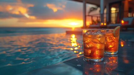 Poolside lounge table with cocktails, sunset, soft focus, vacation vibes