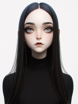 Creepy Kawaii Modern Morticia Girl , Goth creepy , 3D render
