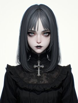 Creepy Kawaii Modern Morticia Girl , Goth creepy , 3D render