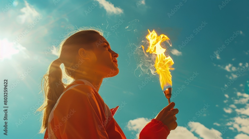 Poster a woman holding a fire torch. suitable for various concepts and themes